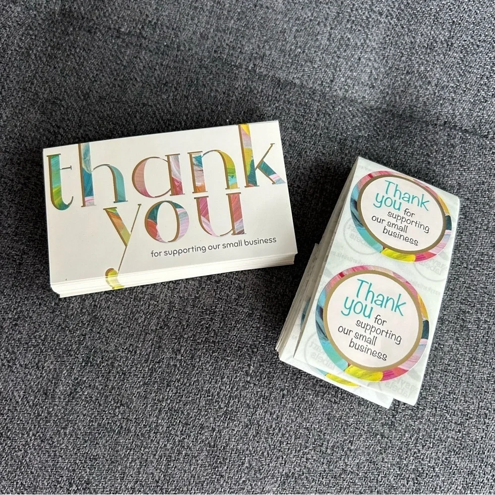 25 THANK YOU Business Cards + 25 Stickers, Starter Set, Colorful, Gold Foil